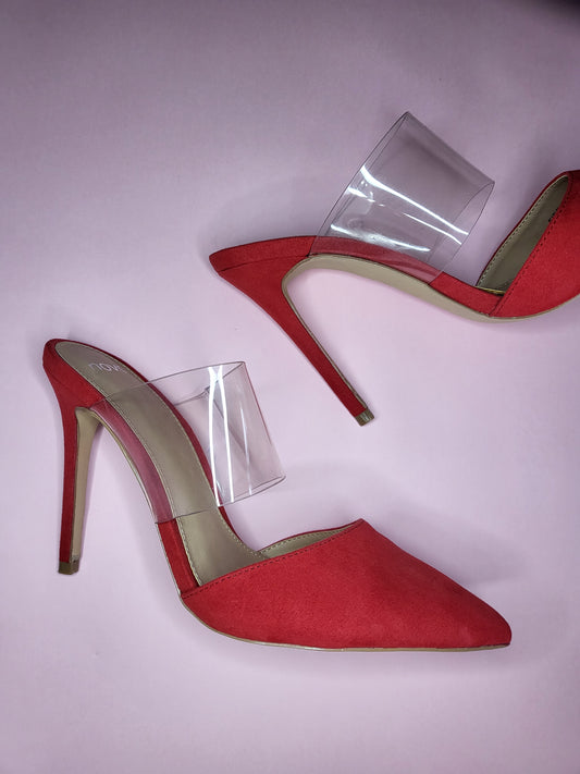 Red Pointed Toe Heel with Clear Strap | Size 7