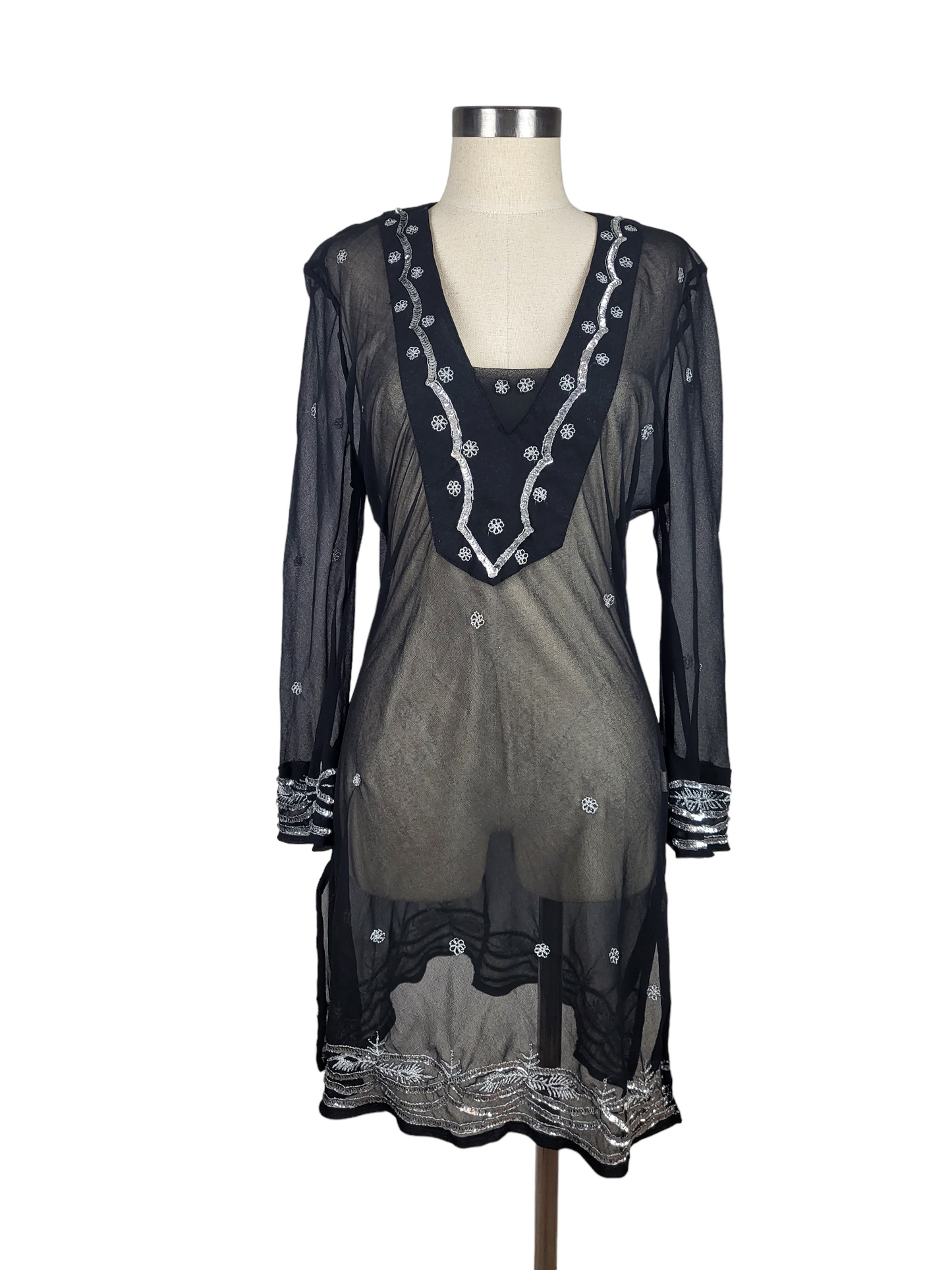 Embroidered Black Sheer Dress | Size 14