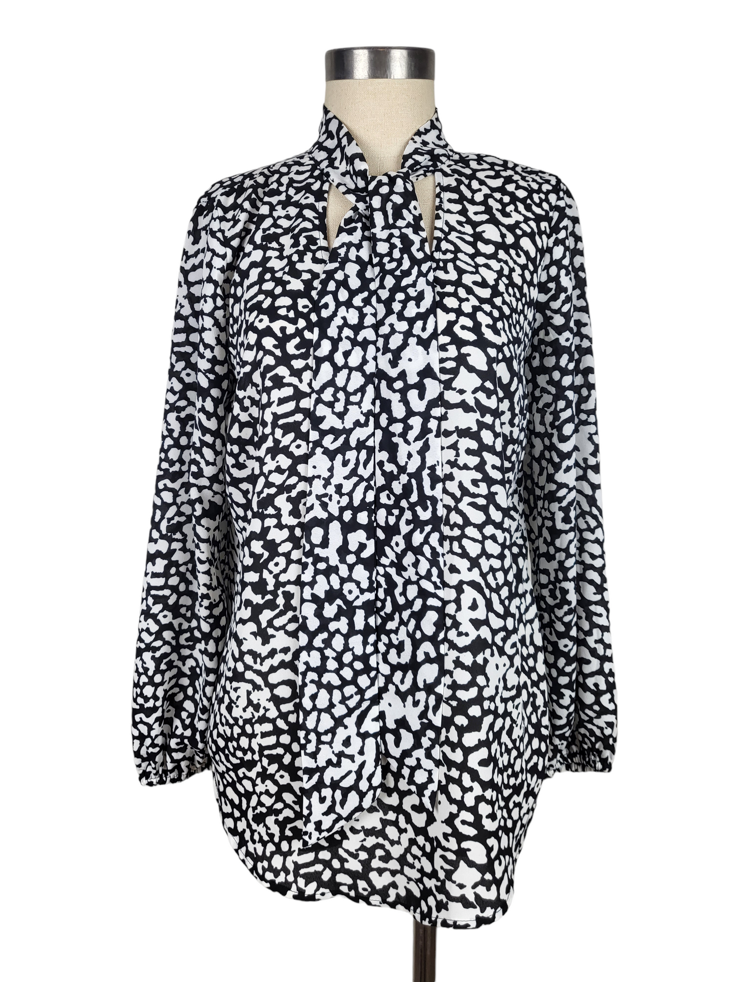 Black and White Leopard Tie Neck Shirt | Size 10