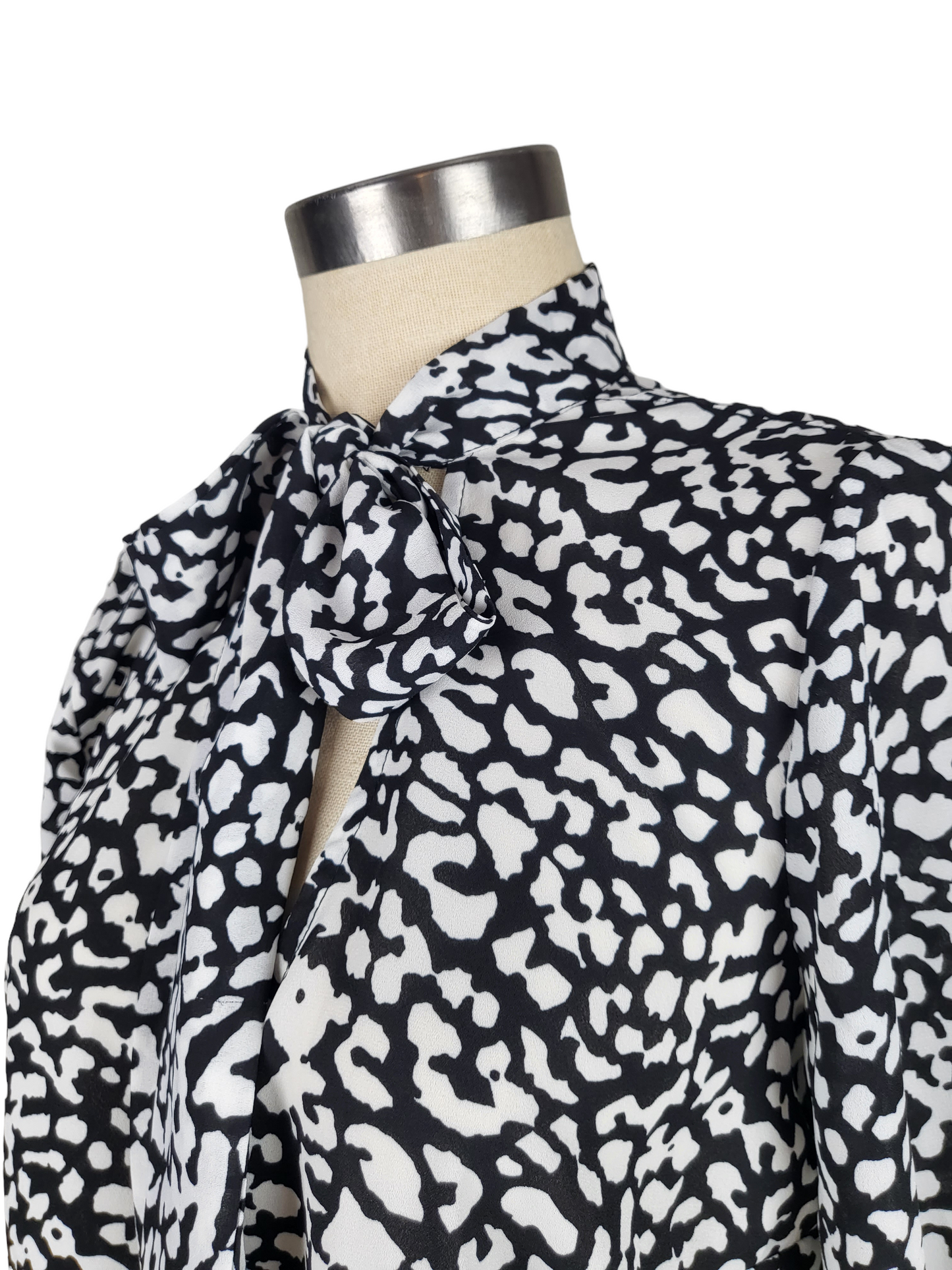 Black and White Leopard Tie Neck Shirt | Size 10