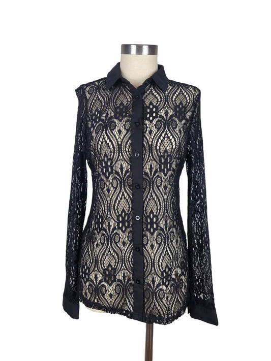 Black Sheer Lace Button Shirt | Size 10