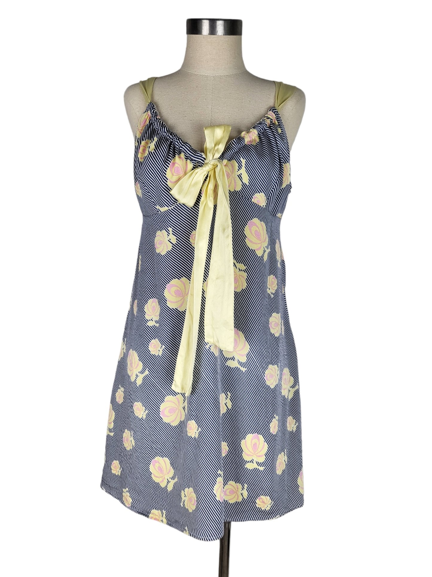 Silk Floral Stripe Slip dress with Satin Tie | Size 14