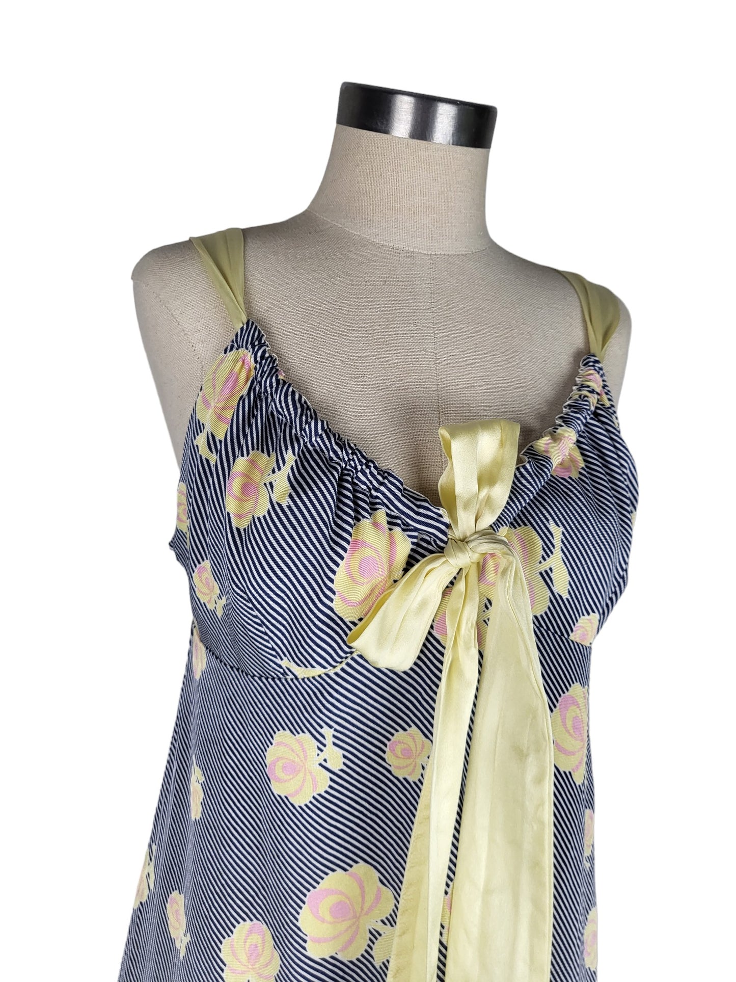 Silk Floral Stripe Slip dress with Satin Tie | Size 14