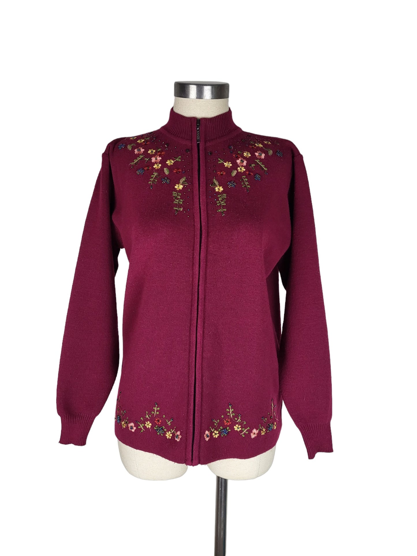 Floral Embroidered Beaded Knit Zip Up Cardigan | Size Small