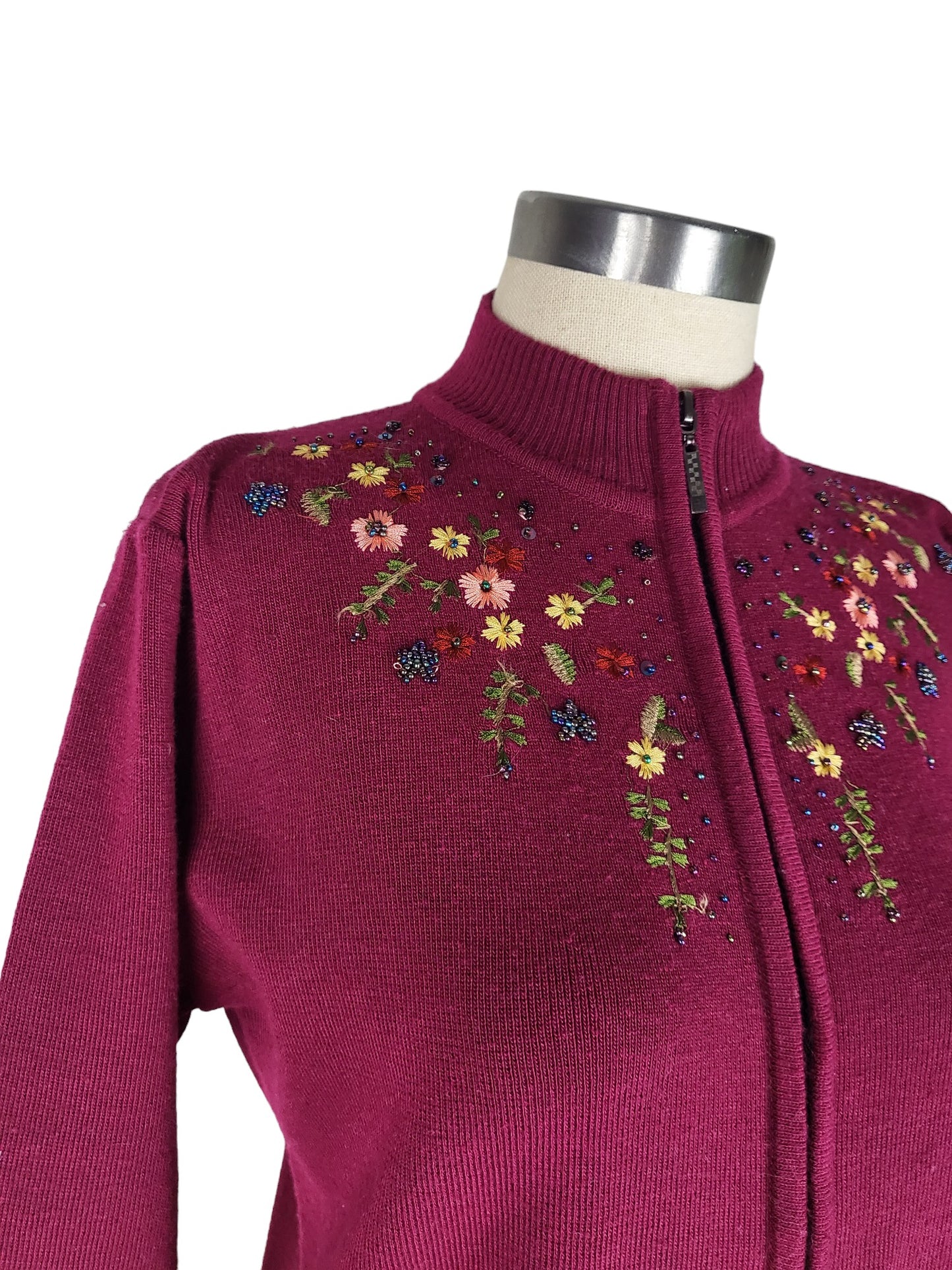 Floral Embroidered Beaded Knit Zip Up Cardigan | Size Small