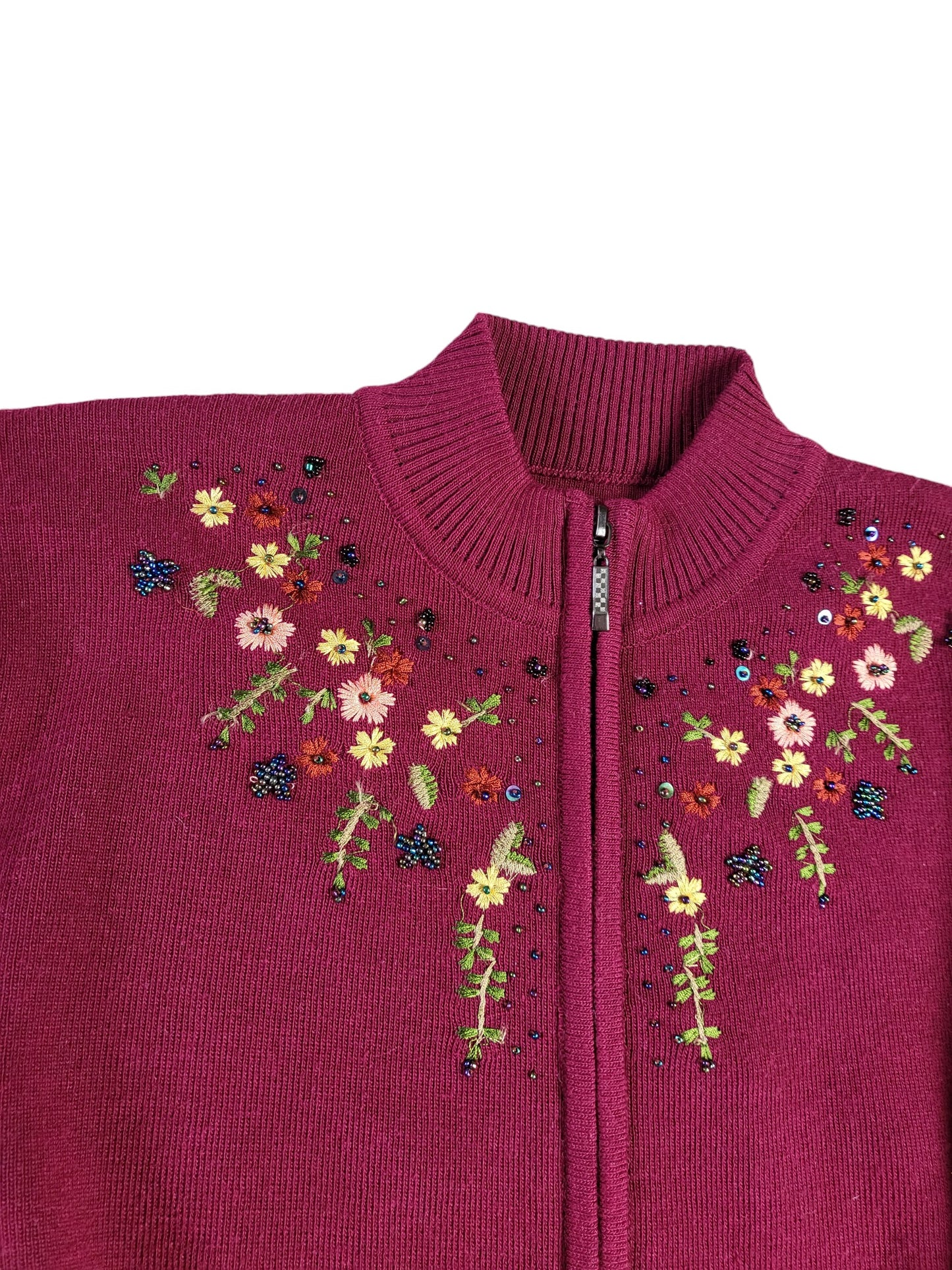 Floral Embroidered Beaded Knit Zip Up Cardigan | Size Small