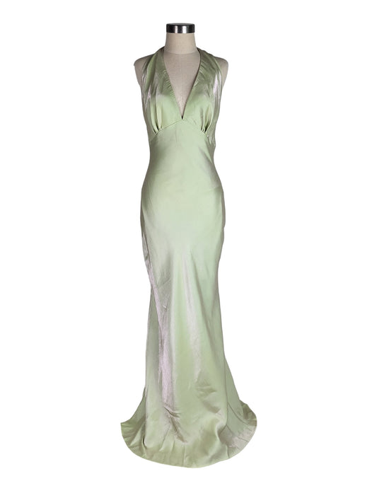 Vintage Backless Green Shimmer Halter Gown | Size 10