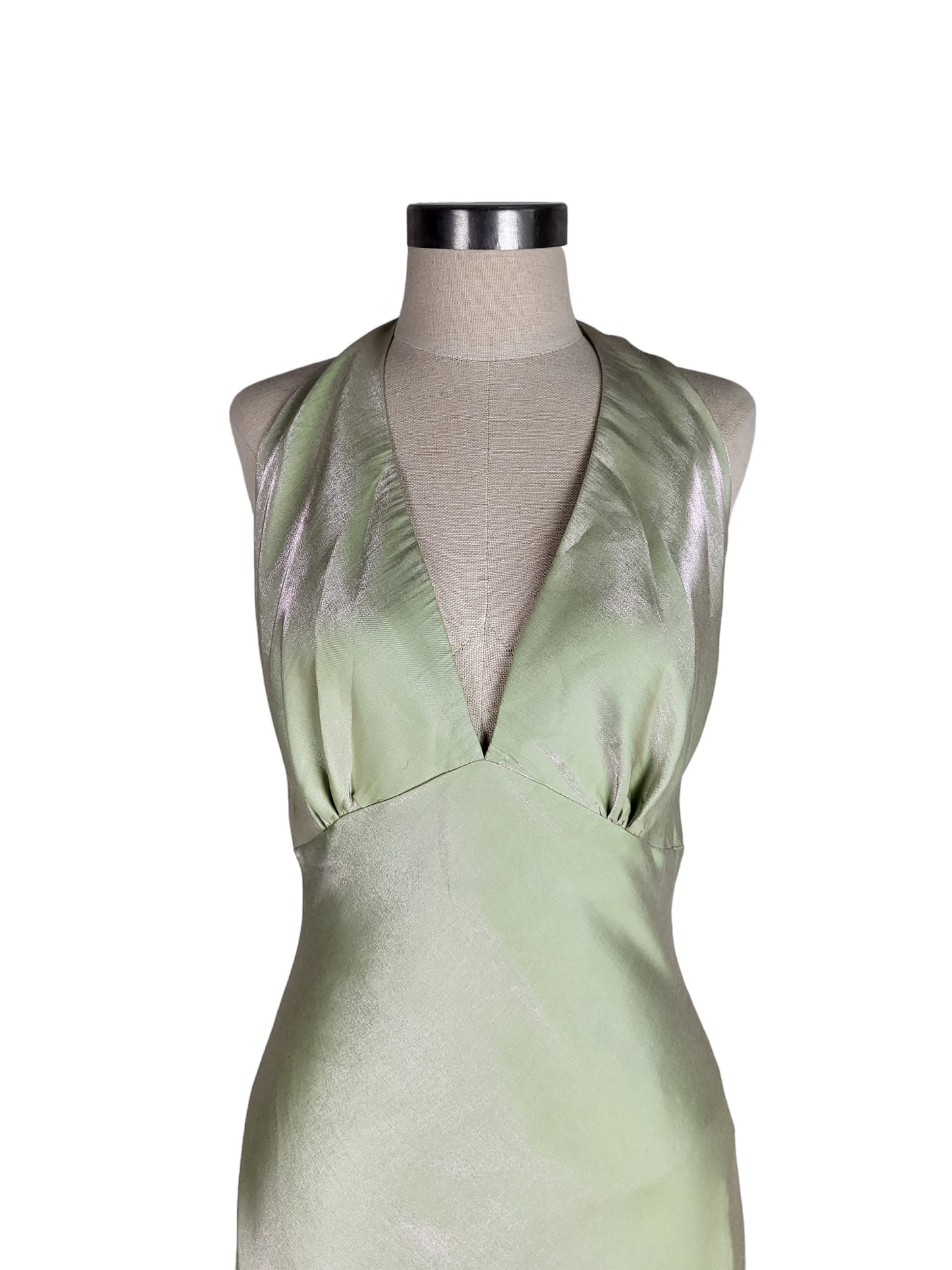 Vintage Backless Green Shimmer Halter Gown | Size 10