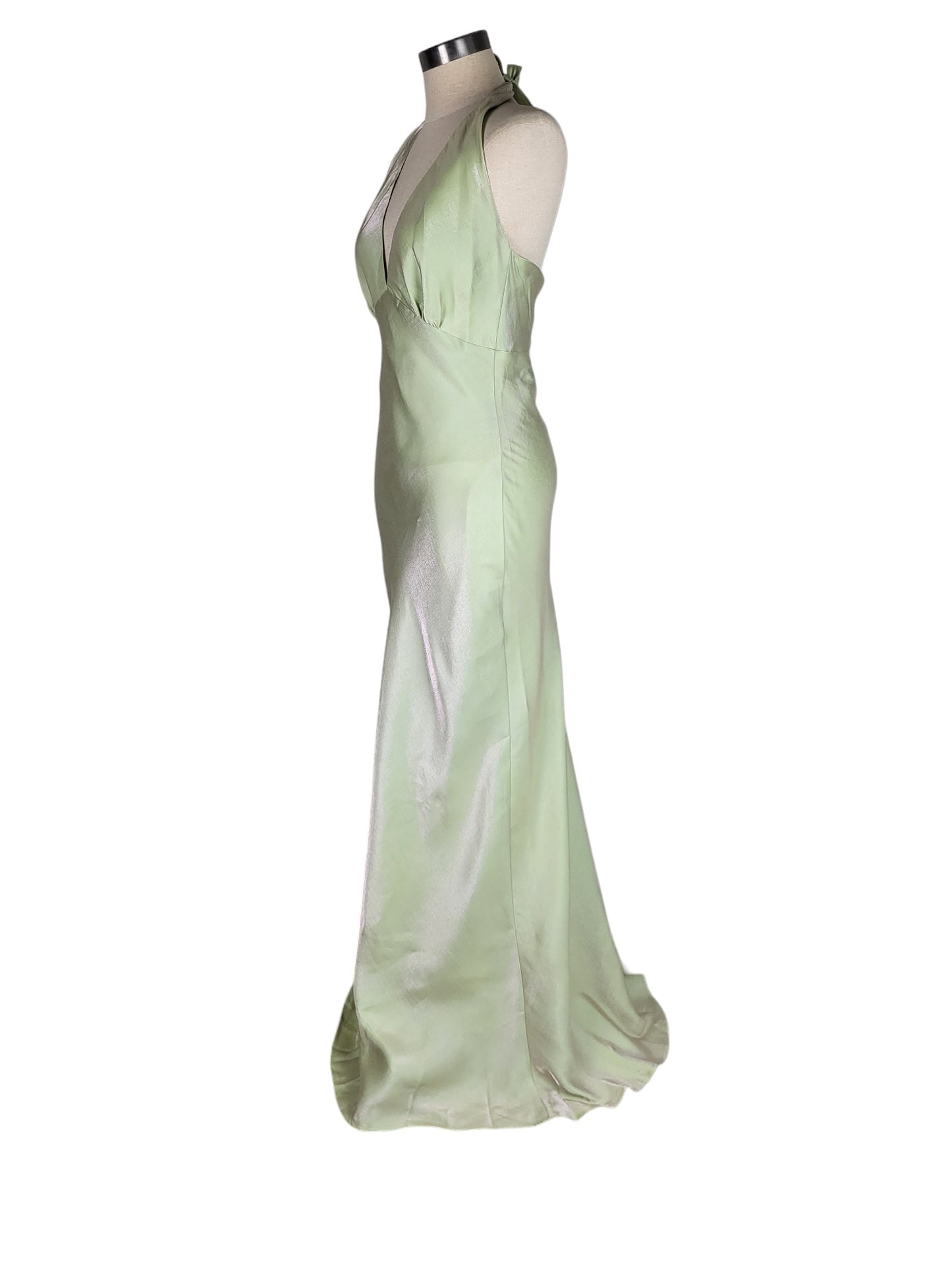 Vintage Backless Green Shimmer Halter Gown | Size 10