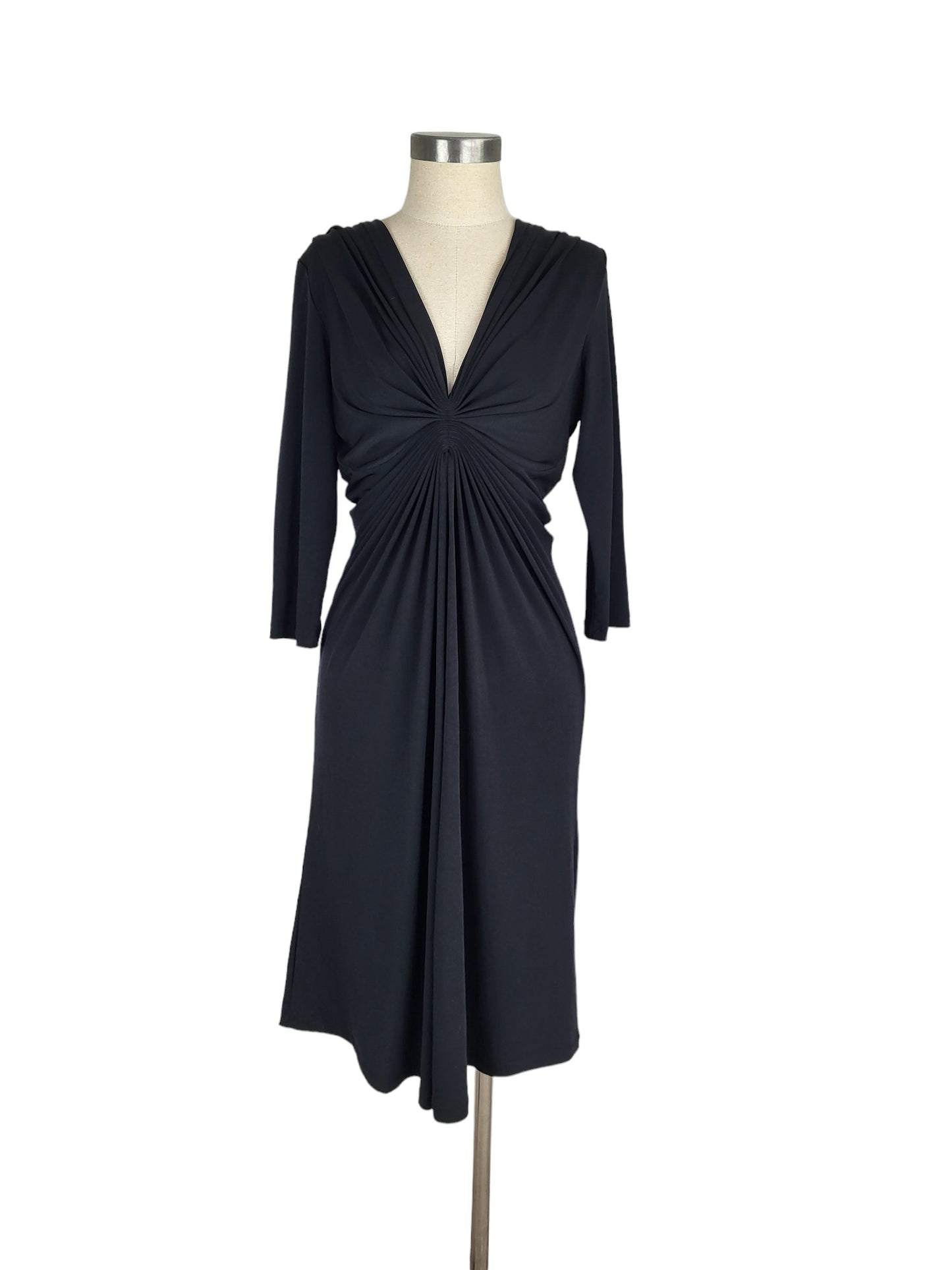 Black Deep V Ruched 3/4 Sleeve Midi Dress | Size Medium