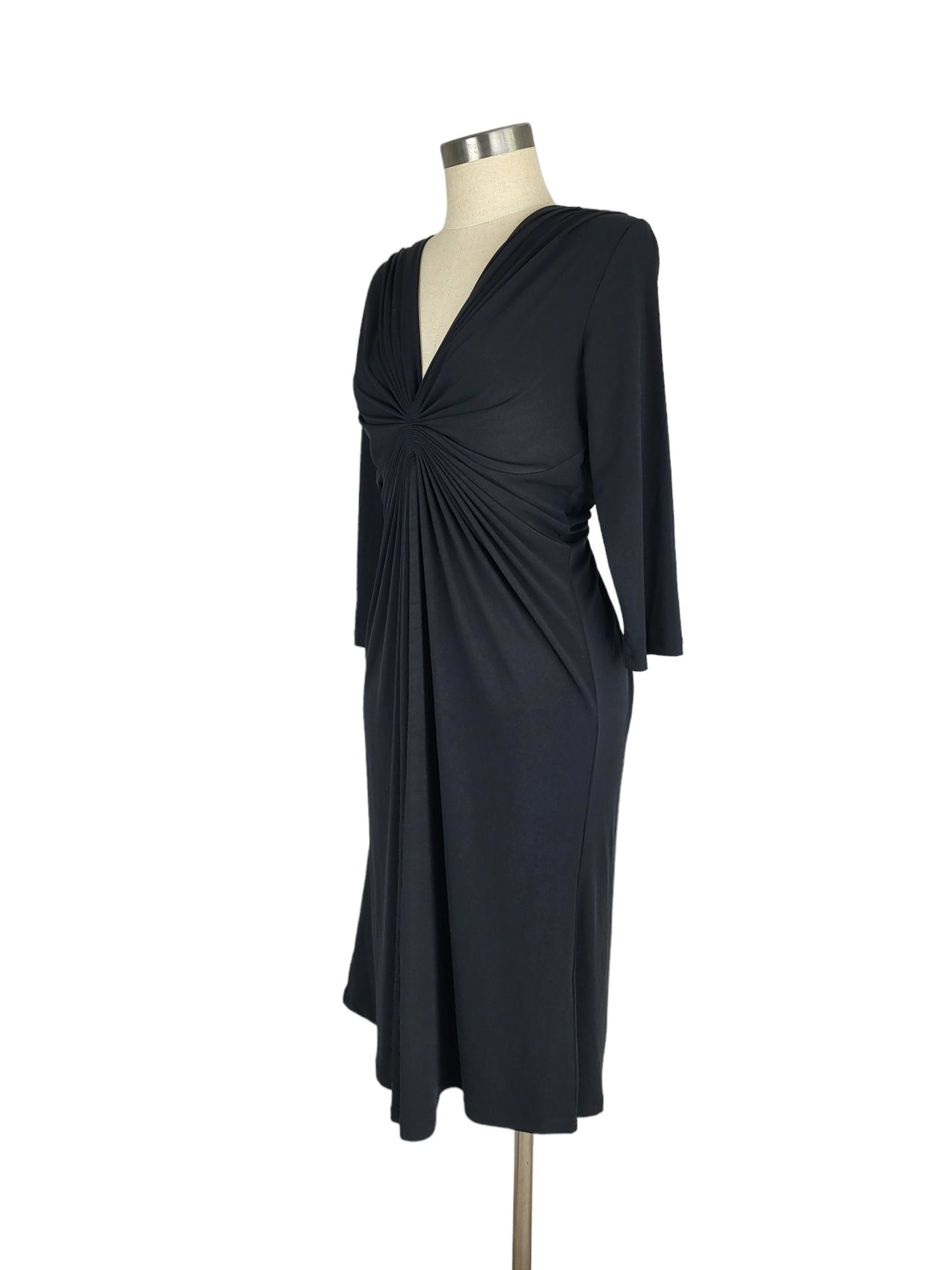 Black Deep V Ruched 3/4 Sleeve Midi Dress | Size Medium