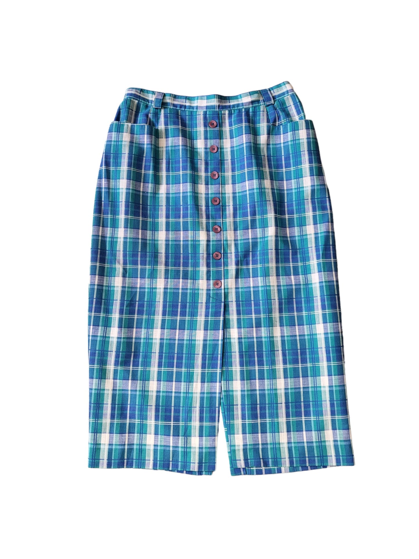 Vintage Blue and Green Tartan Button Front Midi Skirt | Size 18