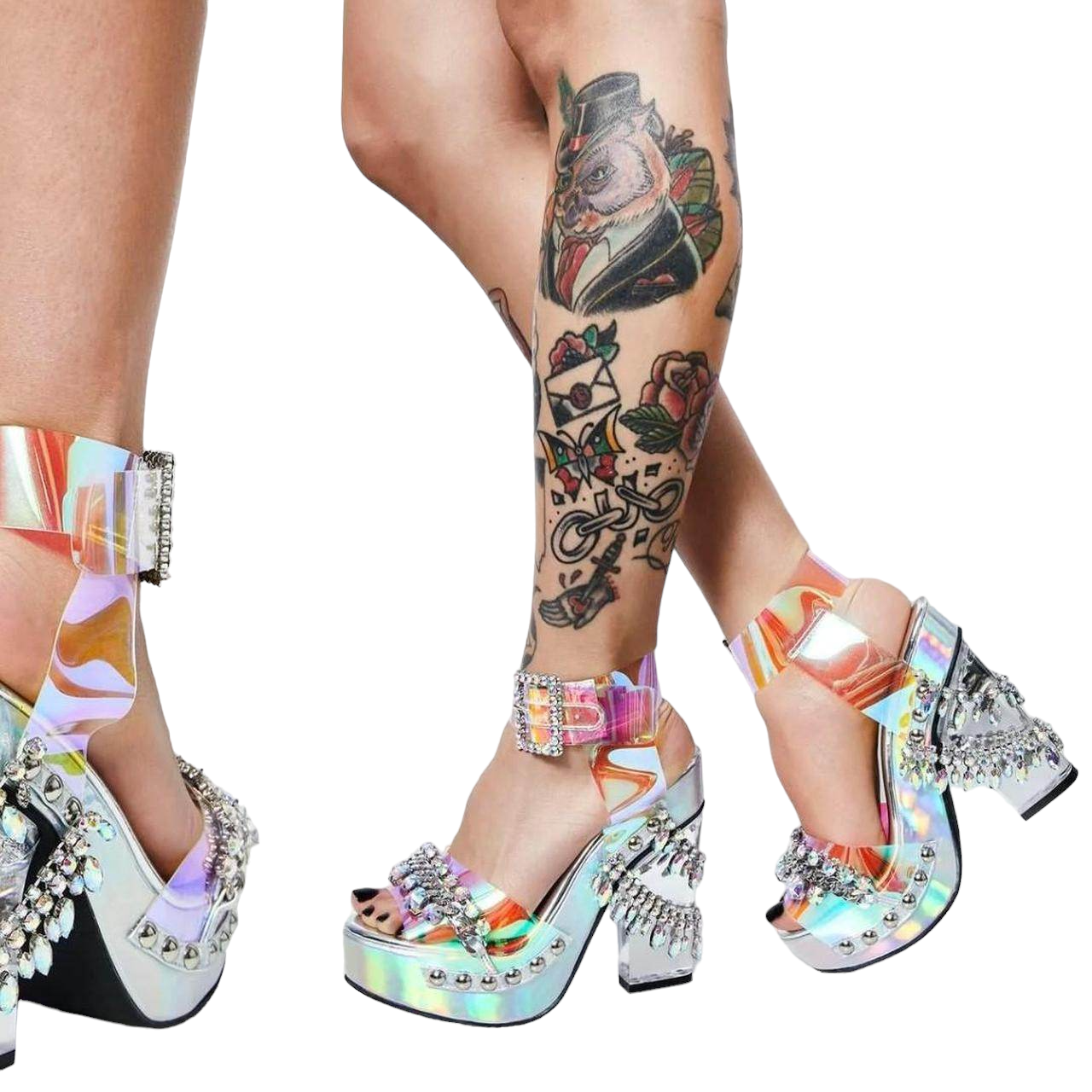 Rhinestone Holographic Platform Heel | Size 7