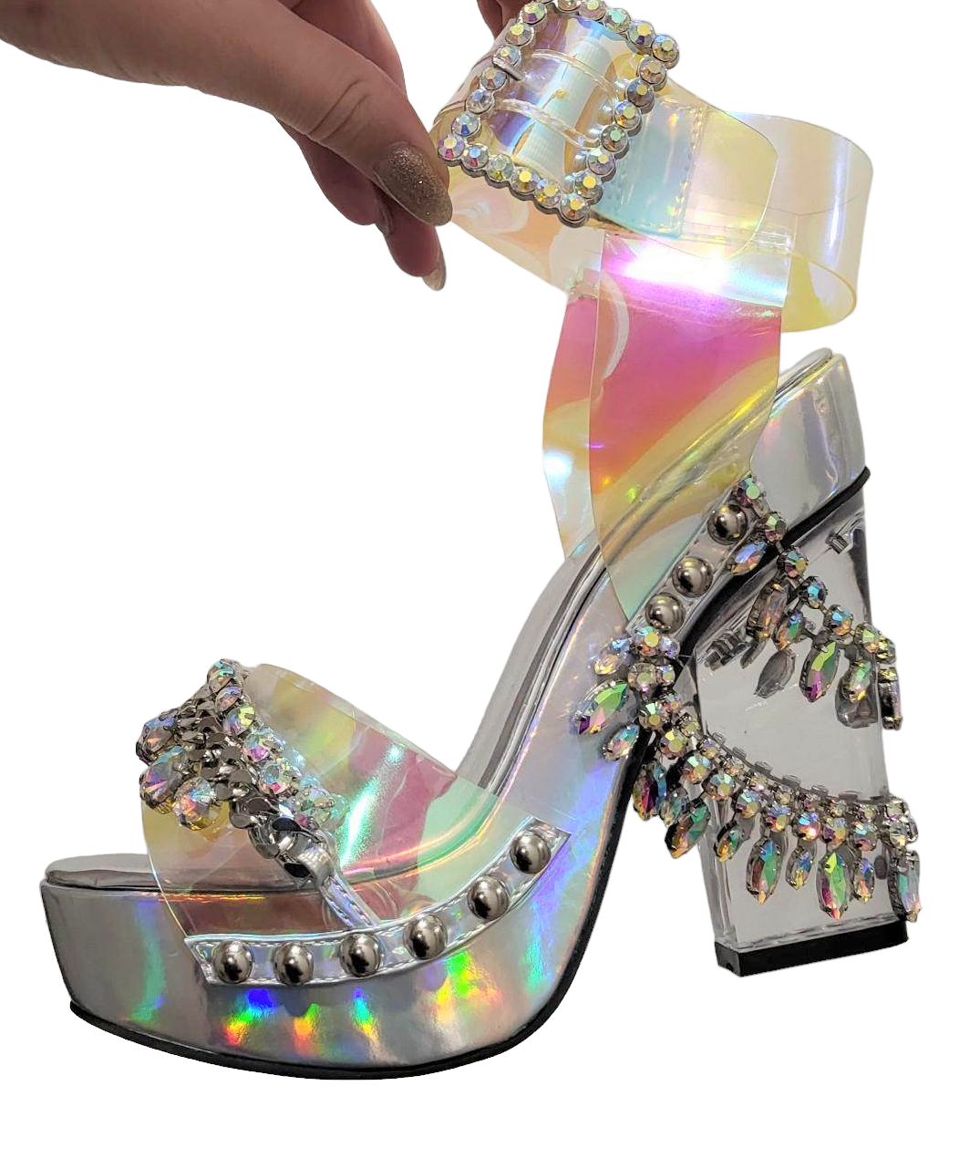 Rhinestone Holographic Platform Heel | Size 7