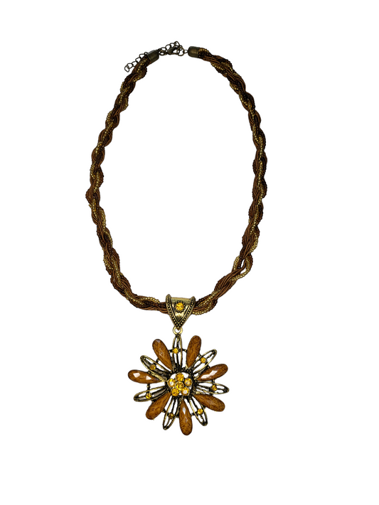 Brown Beaded Floral Pendant Necklace