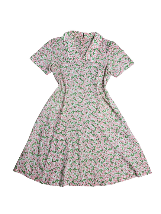 Vintage Pink and Green Floral Dress | Size Medium