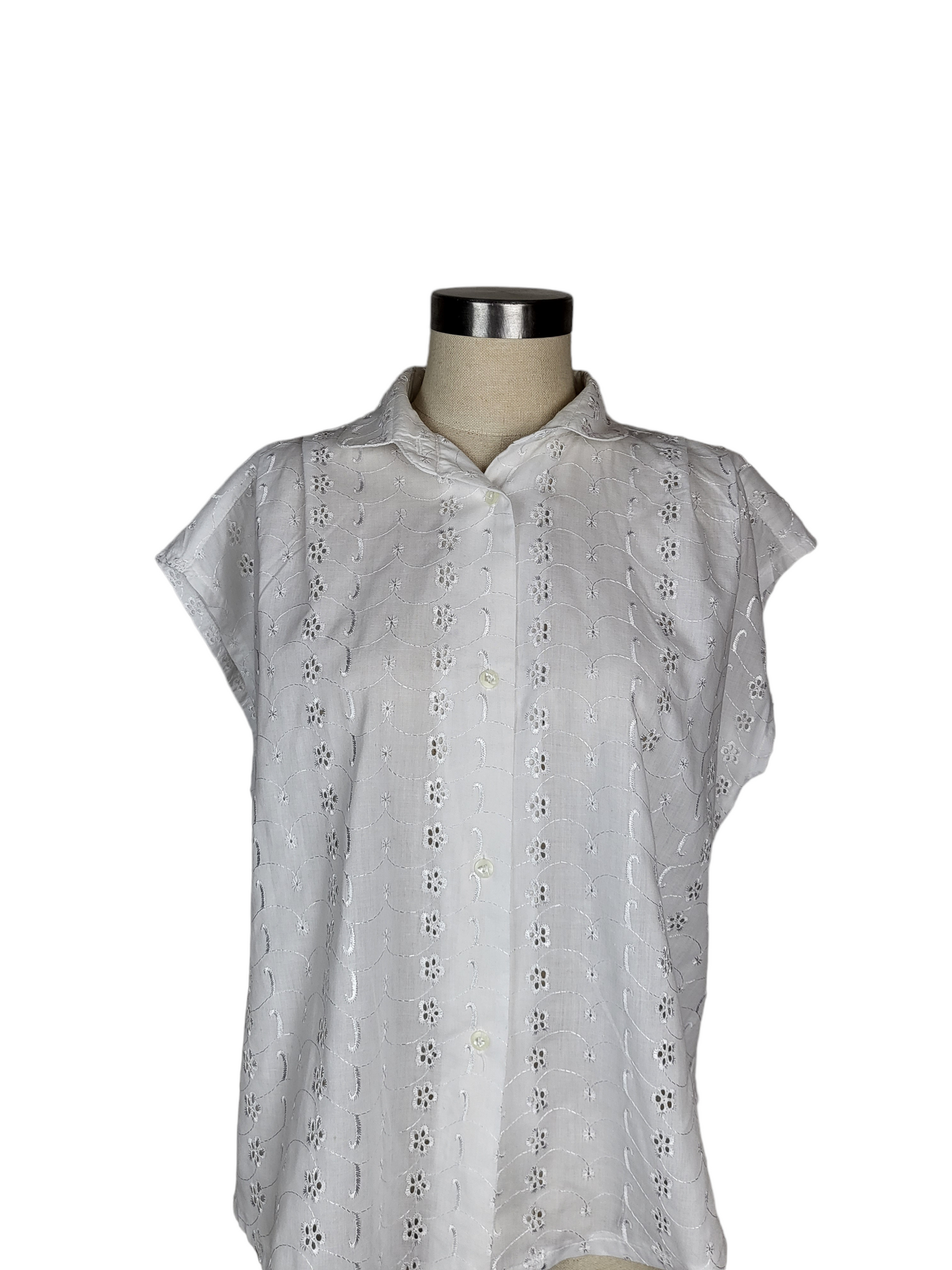 Vintage White Flower Embroidered Blouse | Size 14