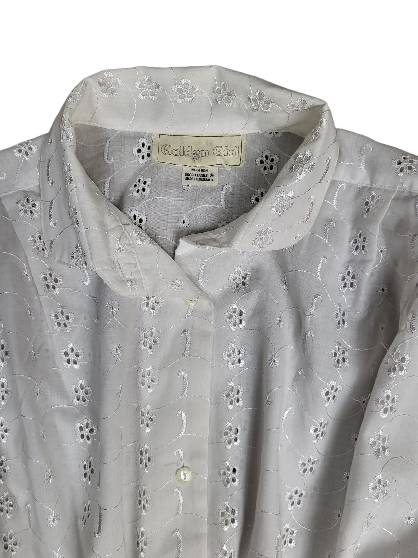 Vintage White Flower Embroidered Blouse | Size 14