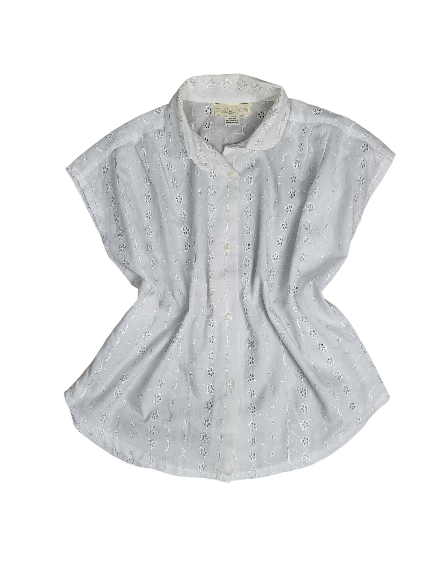 Vintage White Flower Embroidered Blouse | Size 14