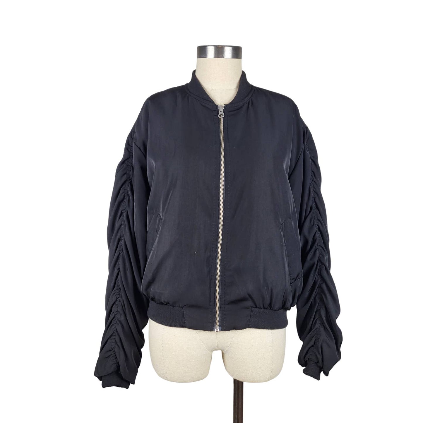 Ruched Sleeve Black Bomber Jacket | Size 12