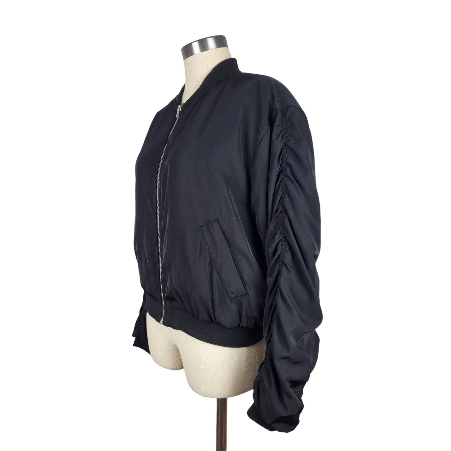 Ruched Sleeve Black Bomber Jacket | Size 12