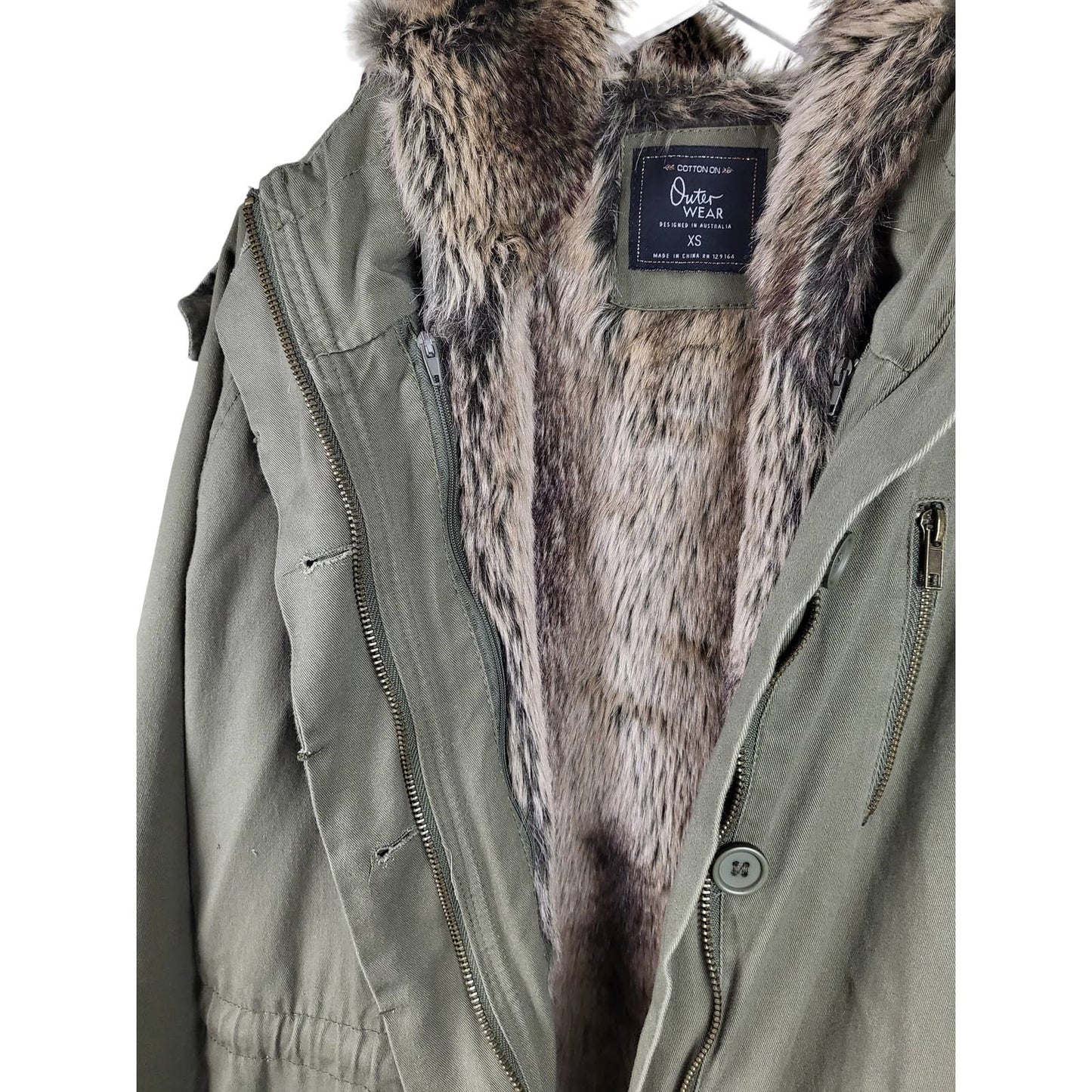 Khaki Jacket with removable Fur Lining and hood | Size XS