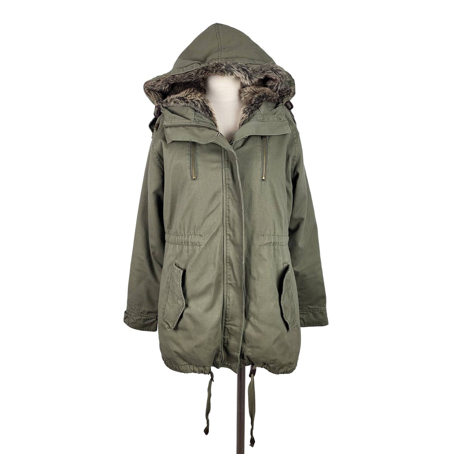 Khaki Jacket with removable Fur Lining and hood | Size XS