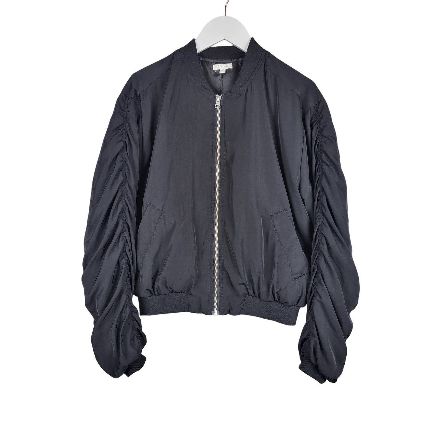 Ruched Sleeve Black Bomber Jacket | Size 12