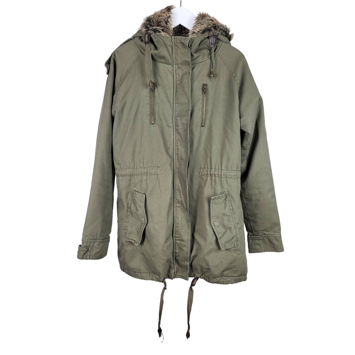 Khaki Jacket with removable Fur Lining and hood | Size XS