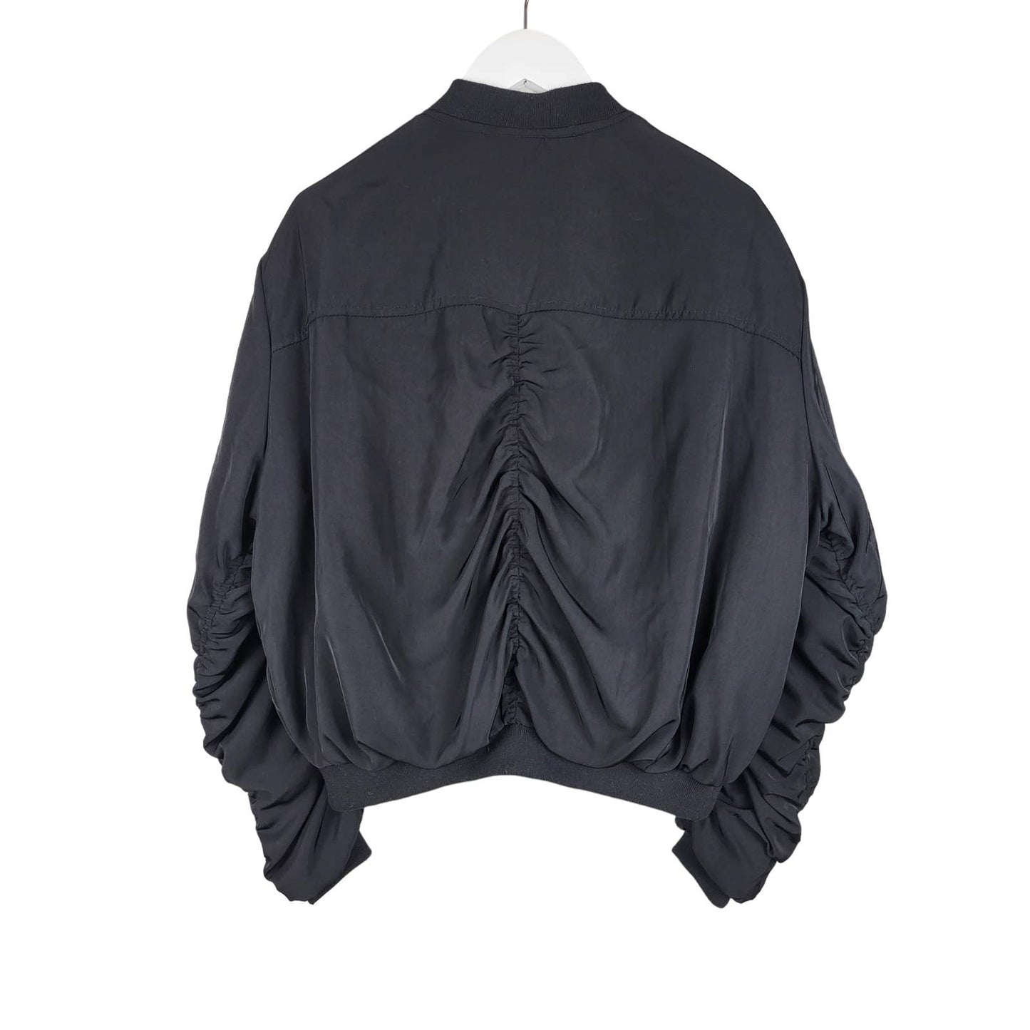 Ruched Sleeve Black Bomber Jacket | Size 12