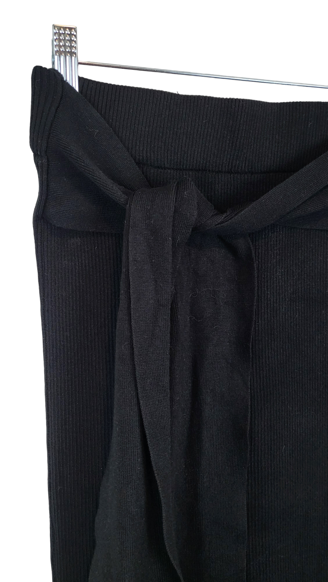 Front tie view of Black knit midi skirt.