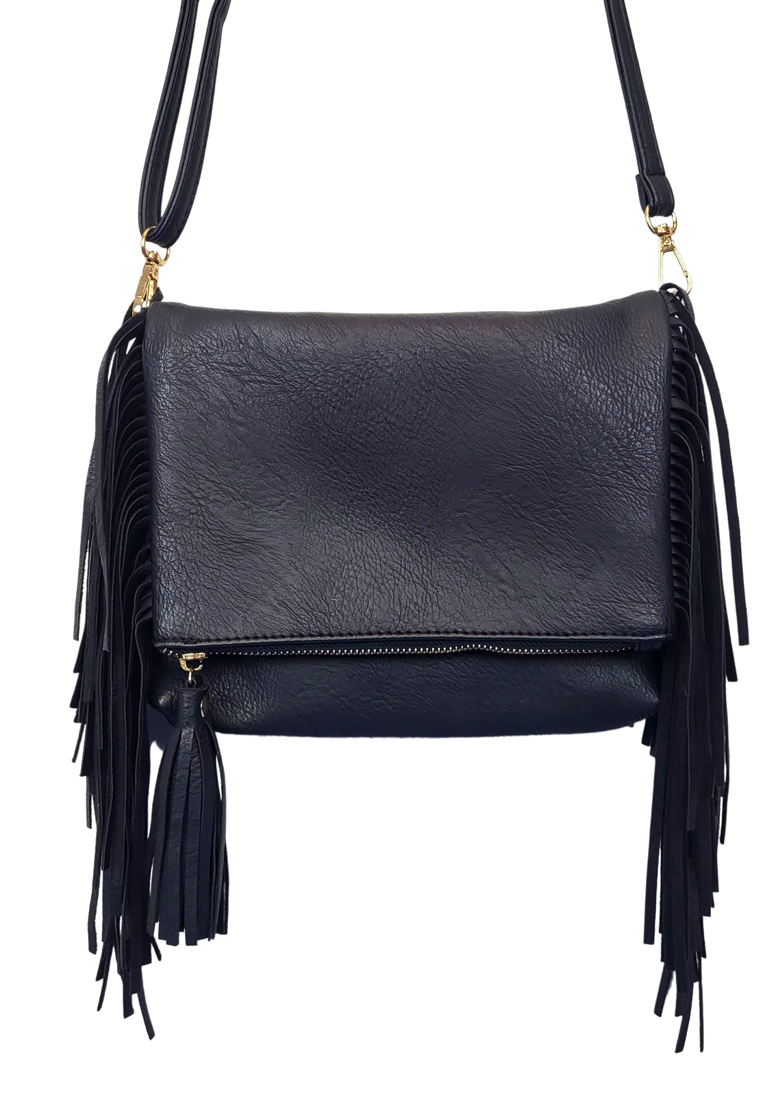 Black Fringe Shoulder Bag with zipper, front