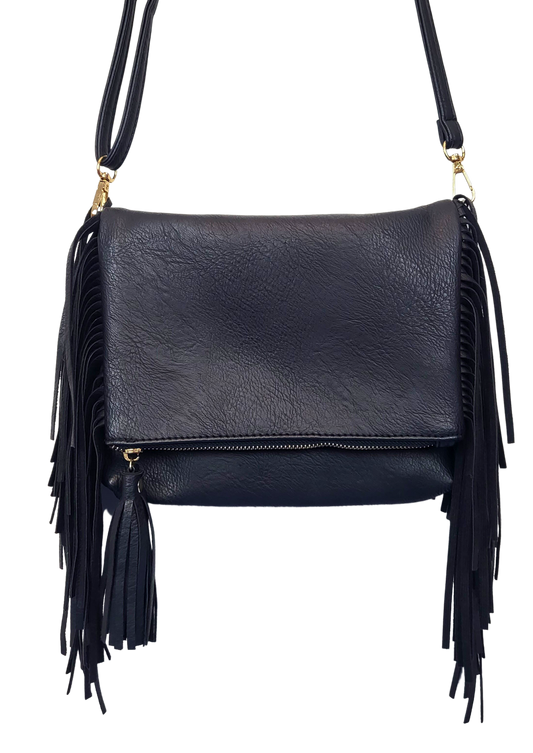 Black Fringe Shoulder Bag with zipper, front