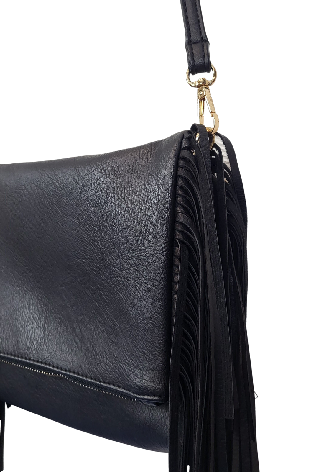 Black Fringe Shoulder Bag with zipper, fringe and strap hardware detail, side view