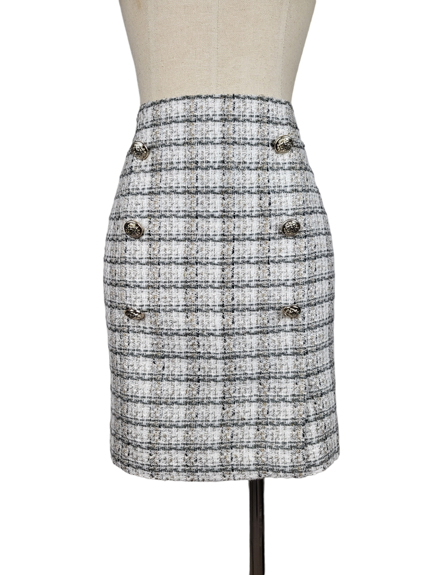 Beige Tweed Skirt With Gold Buttons | Size 14