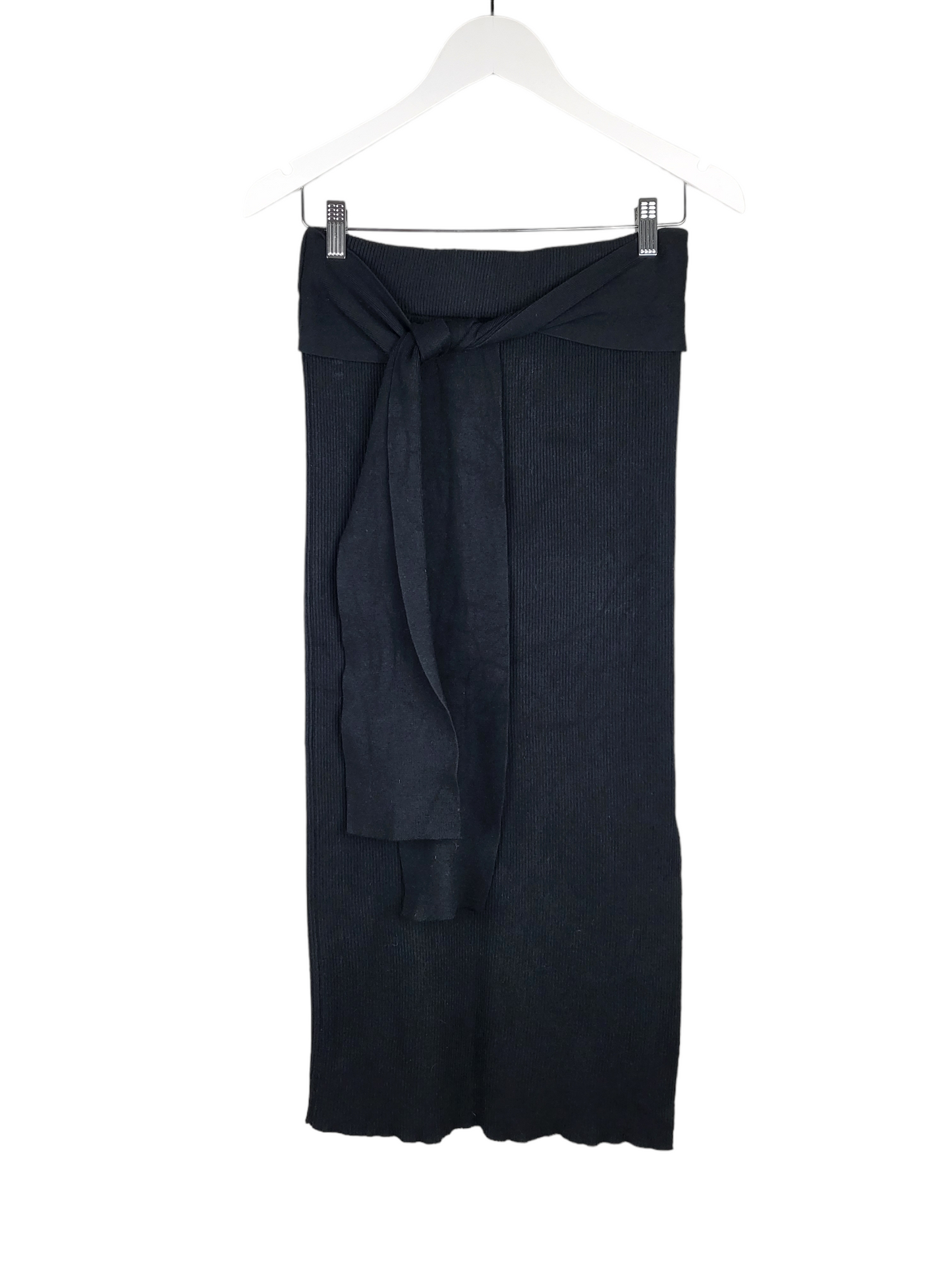 Black Knit Midi Skirt With Tie, front hanging