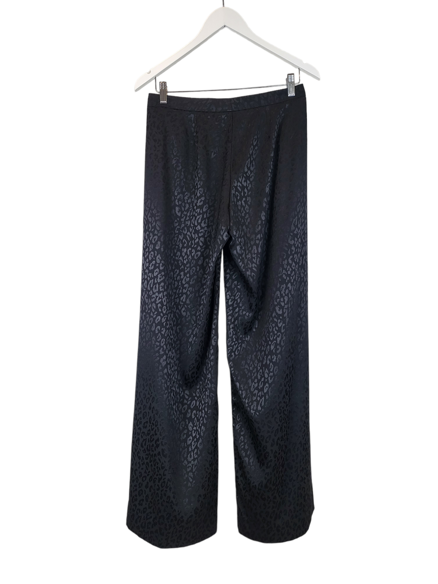 Black Satin Leopard Wide Leg Pant, back hanging