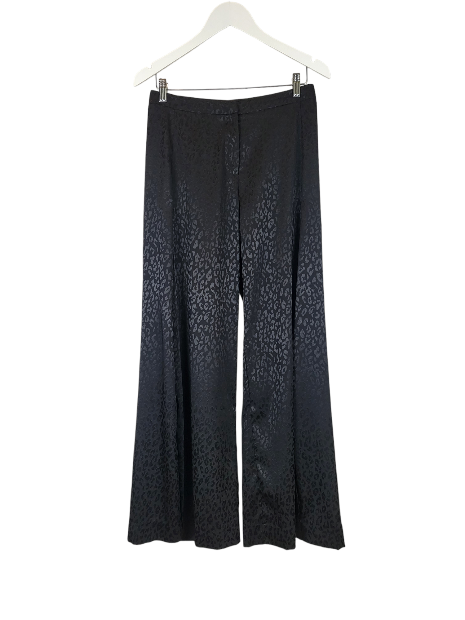 Black Satin Leopard Wide Leg Pant, front hanging