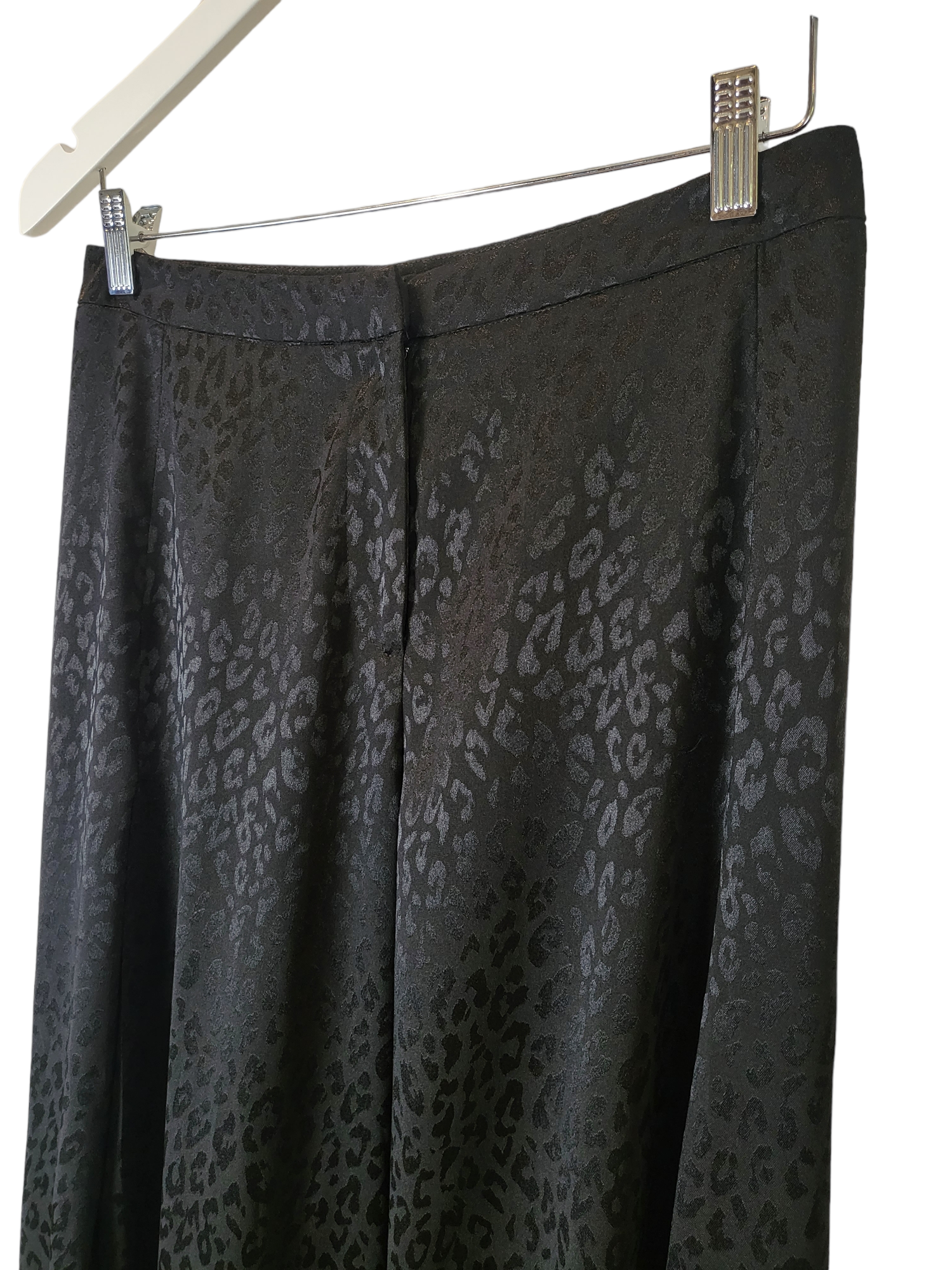 Black Satin Leopard Wide Leg Pant, waist view