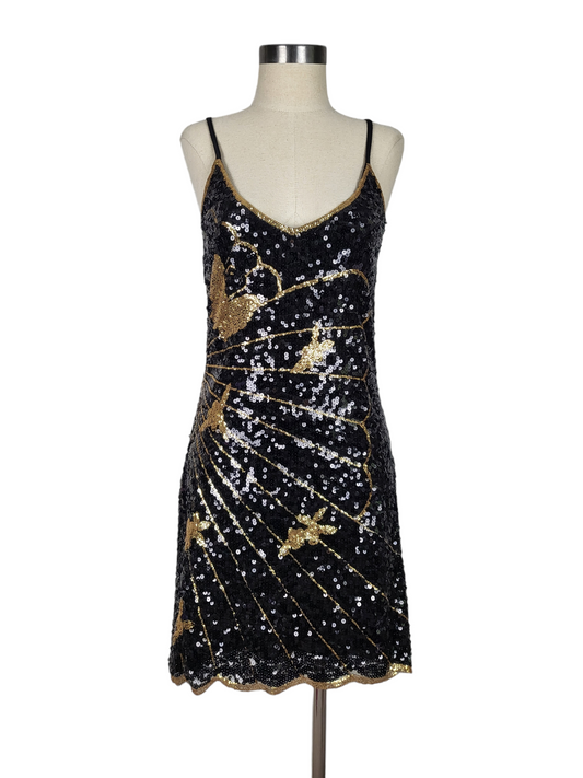 Black and Gold Sequin Butterfly Mini Dress, front