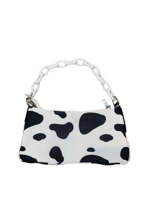 Cow Print White Chain Hand Bag, flat