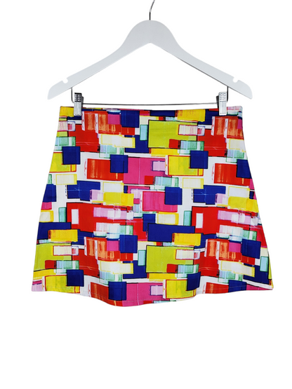 Handmade Bright Geometric Mini Skirt, front hanging