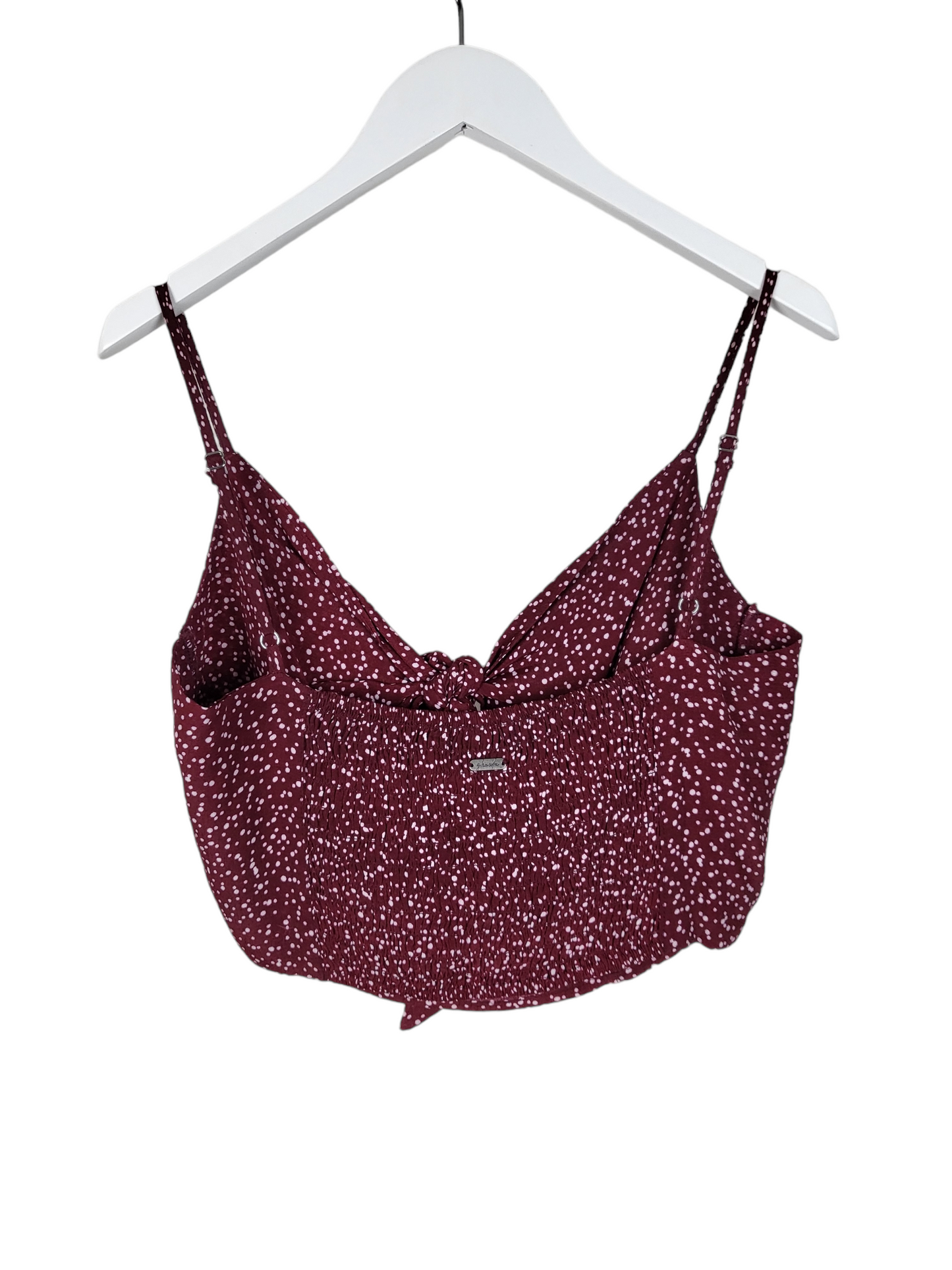 Maroon Spot Tie Crop, back hanging