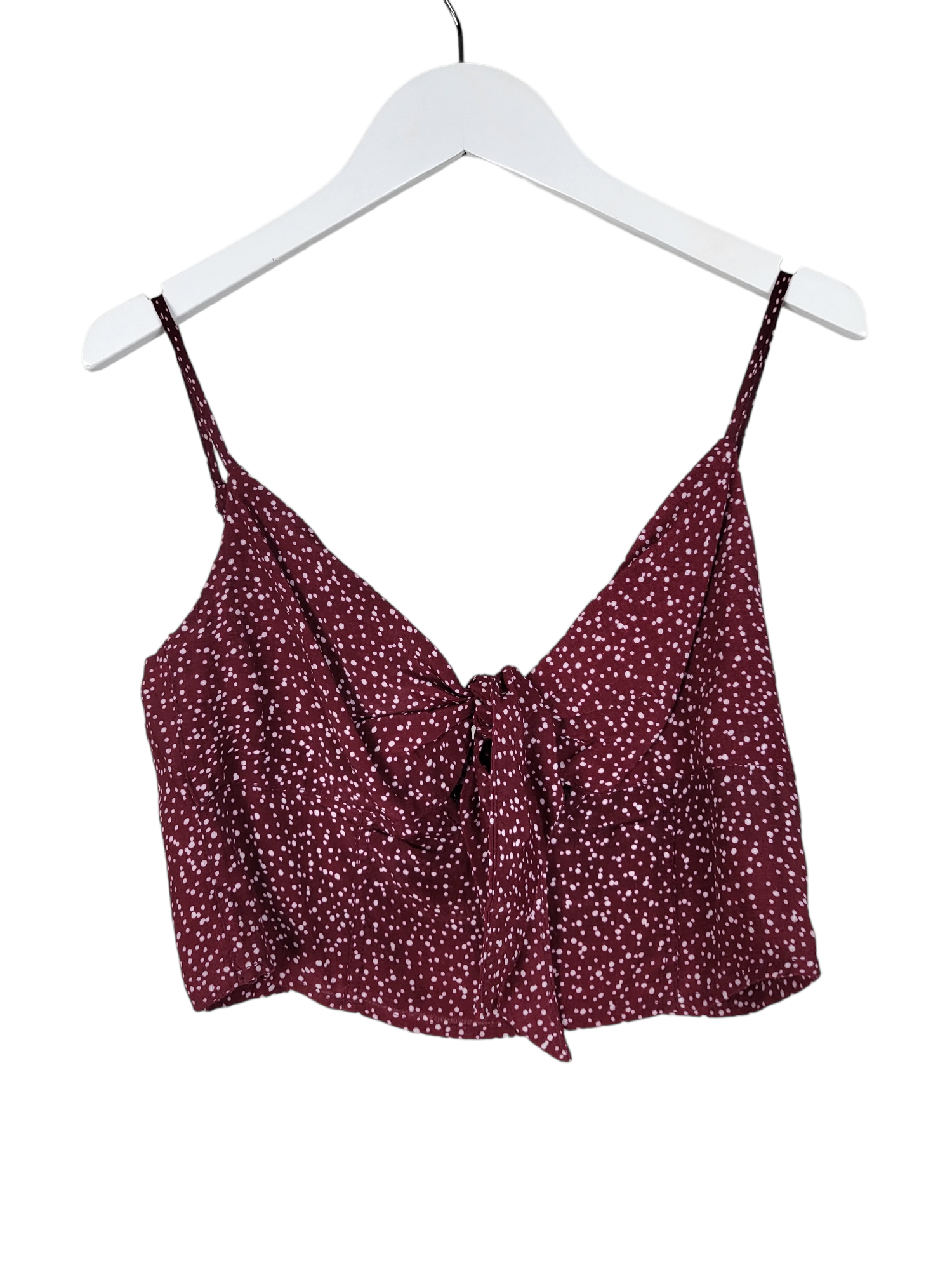 Maroon Spot Tie Crop, front hanging