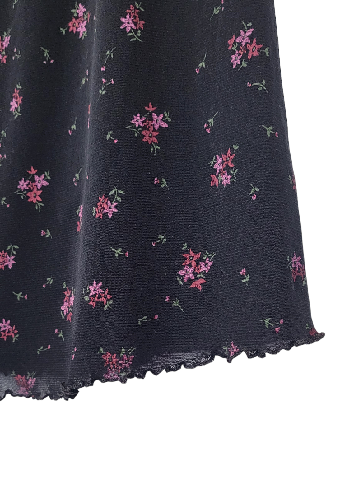 Mesh Floral Midi Skirt With Lettuce Hem, hem detail