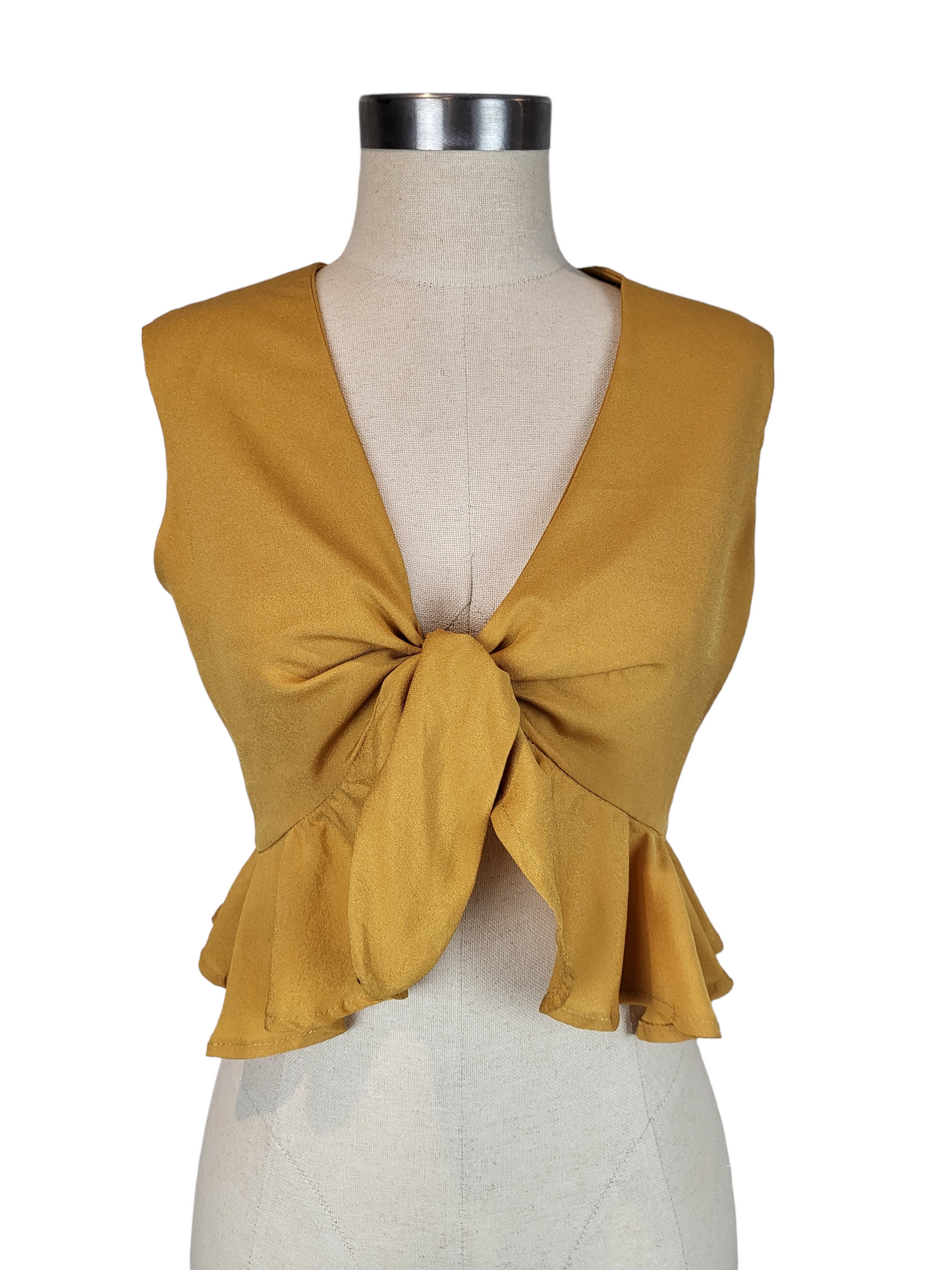 Mustard Sleeveless Ruffle Crop Top | Size Small