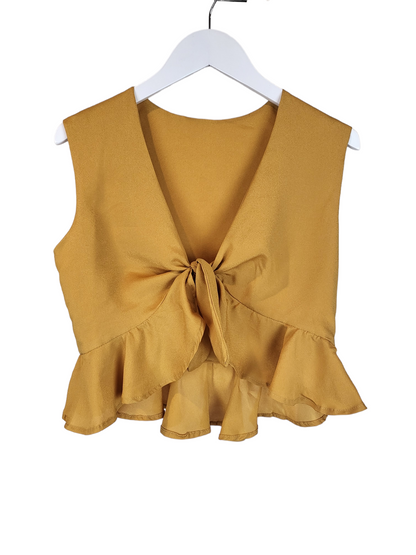 Mustard Sleeveless Ruffle Crop Top | Size Small