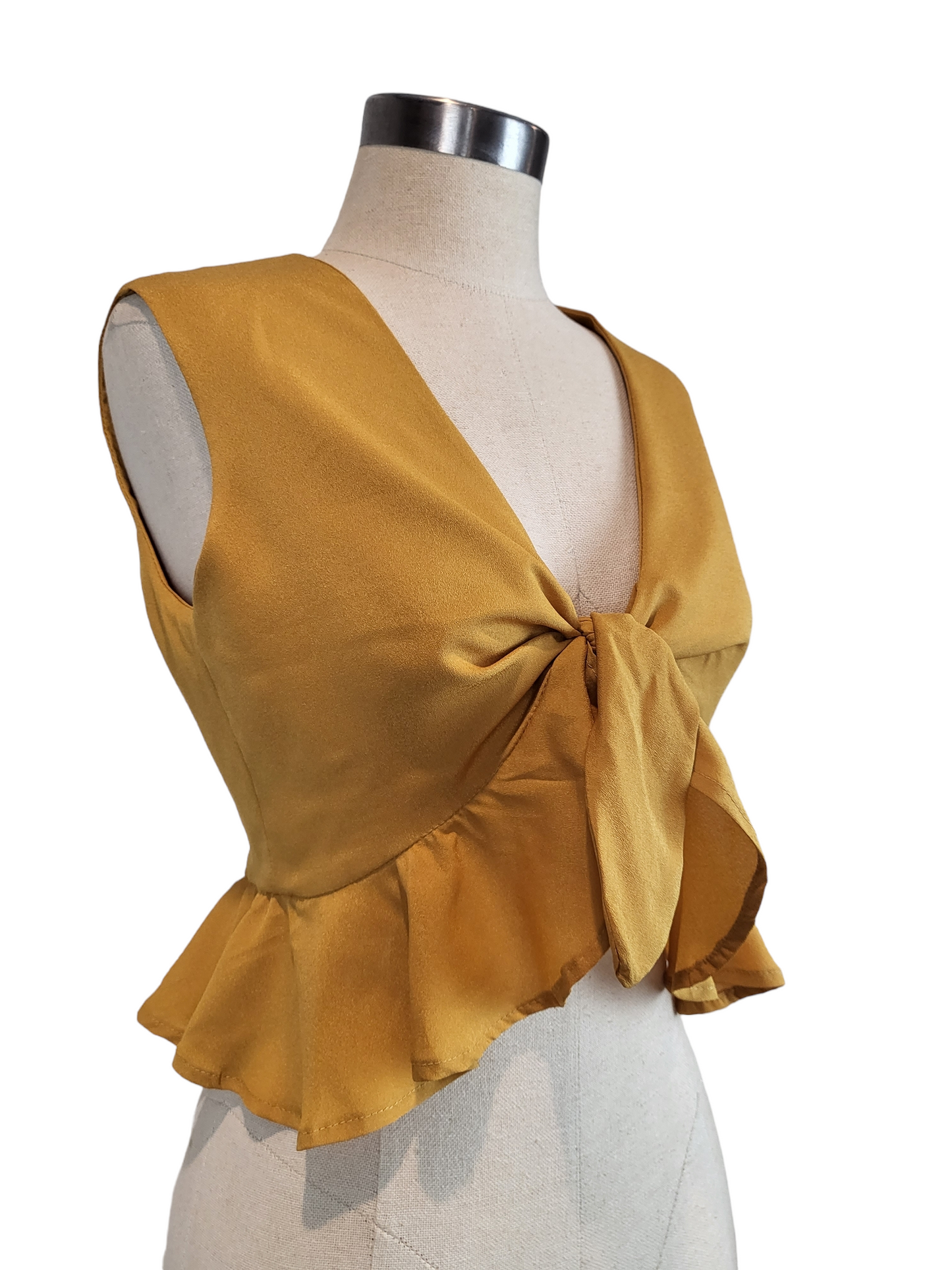 Mustard Sleeveless Ruffle Crop Top | Size Small