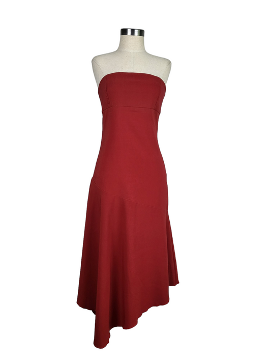 Red Strapless Asymetric Hem Dress, front