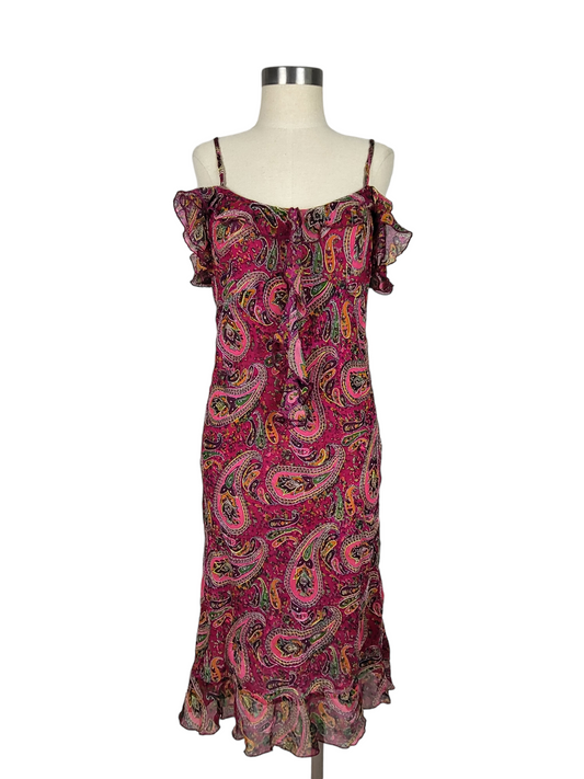 Silk Paisley Pink Ruffle Dress | Size 12